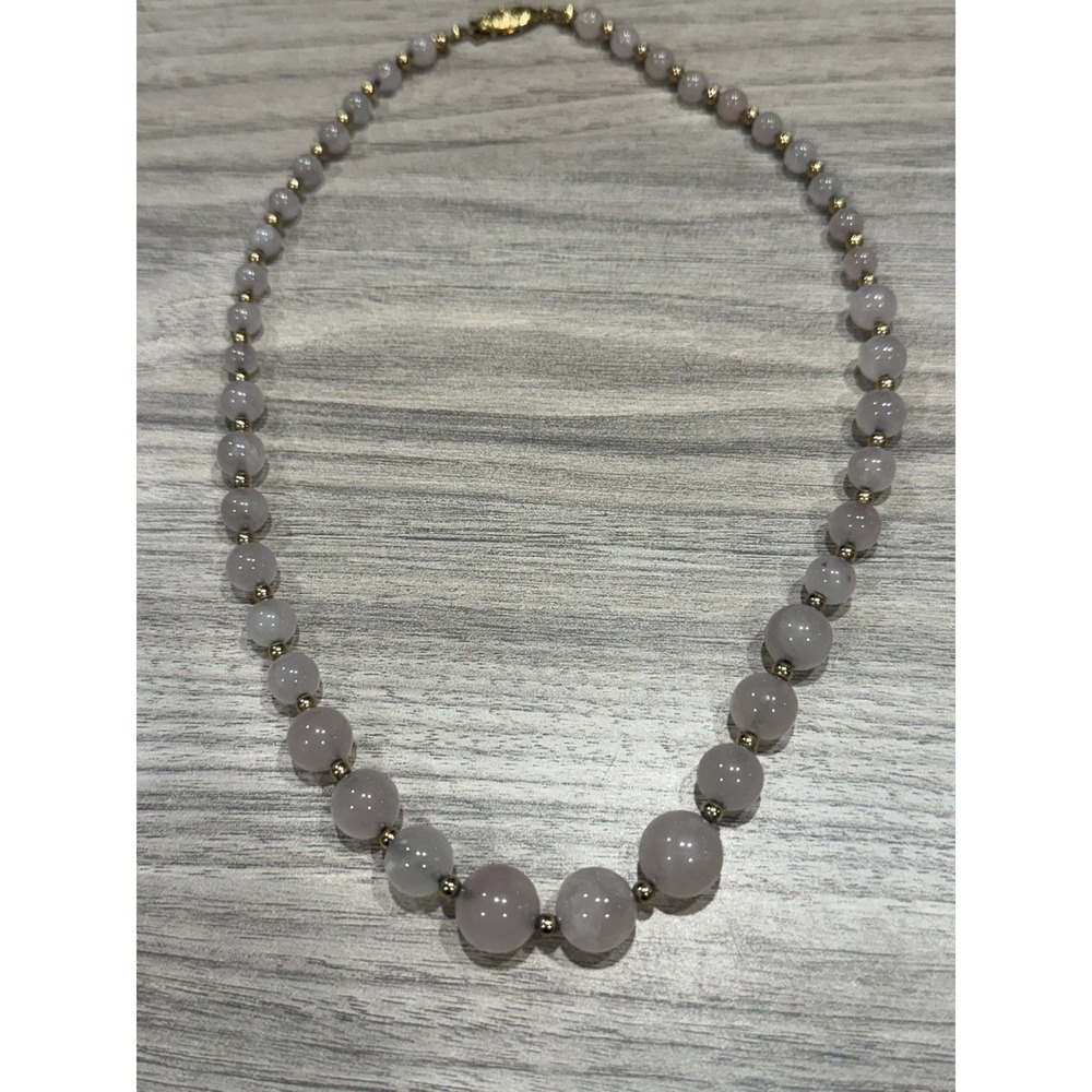 Vintage Rose Quartz‎ Beaded Necklace Graduated Stones Gold Tone Spacer Box Clasp